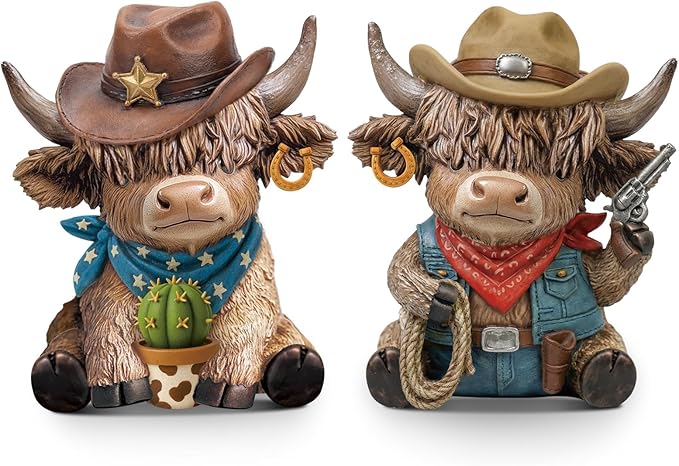 Wesiti 2 Pcs Cowboy Highland Cow Figurines, Western Resin Statue Set for Country and Farmhouse Home Shelf Decor, Cute Unique Gift for Cow Lovers and Collectors