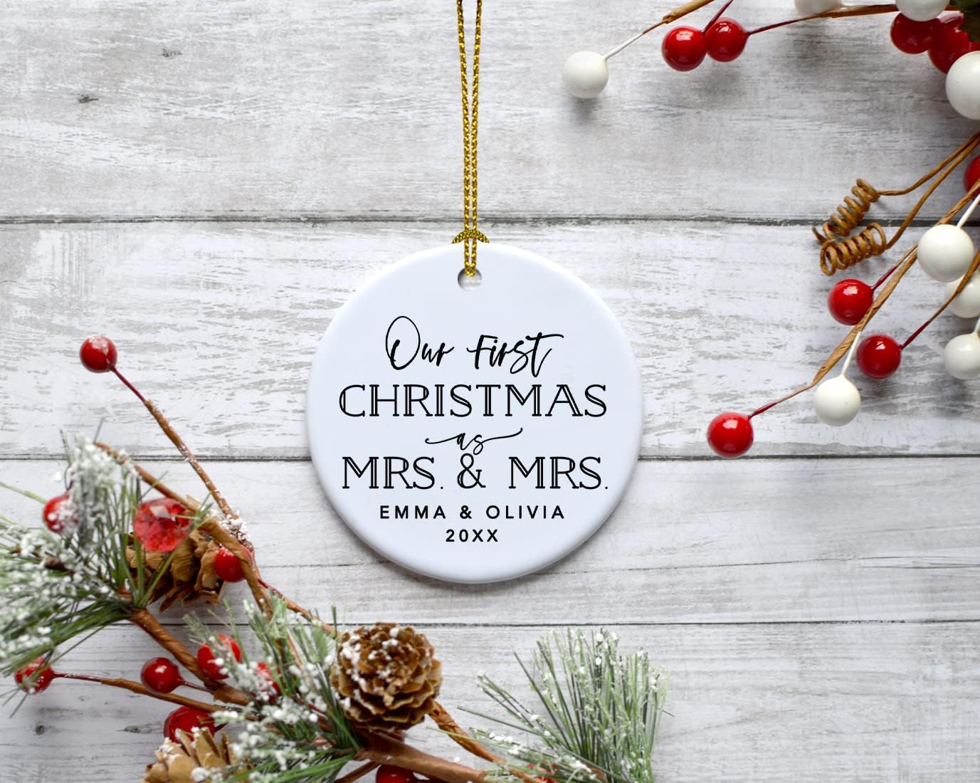 Andaz Press Personalized Our First Christmas As Mrs. & Mrs. 2025 Christmas Ornament Modern Black and White 2.8" Round Porcelain Ceramic Lesbian Married Couple Gay Women Newlyweds Keepsake 1-Pack