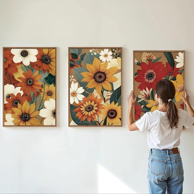 KYLESONLIE Vintage Floral Framed Canvas Wall Art Set, Boho Rustic Sunflower Daisy Wall Decor, Burnt Orange Flower Art Paintings, Retro Colorful Botanical for Living Room Bedroom Farmhouse 16"x24"x3