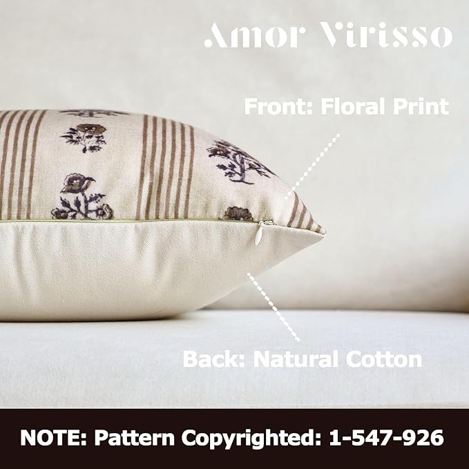 Amor Virisso Floral Throw Pillow Covers 22x22 Set of 2 Block Print Pillow Covers Neutral Floral Striped Farmhouse Decorative Pillow Covers for Sofa Couch Bed, Brown