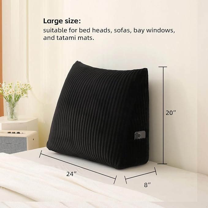 Corduroy Wedge Reading Pillow for Bed, 3 Sizes, 4 Colors for Bed, Sofa, Office Chair (Black, Large 24 * 20 * 8in)