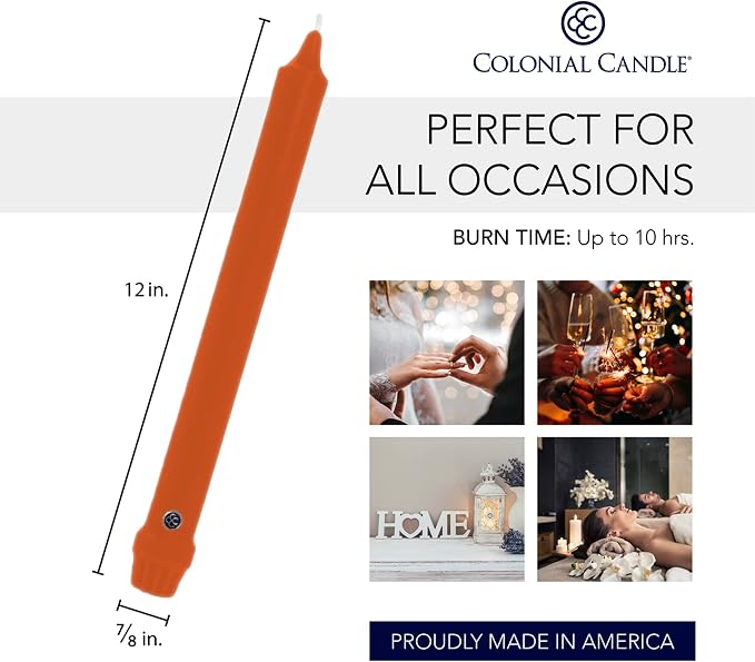 Colonial Candle Unscented Taper Candle, Classic Collection, Pumpkin, 12 in, Pack of 12 - Up to 10 Hours Burn