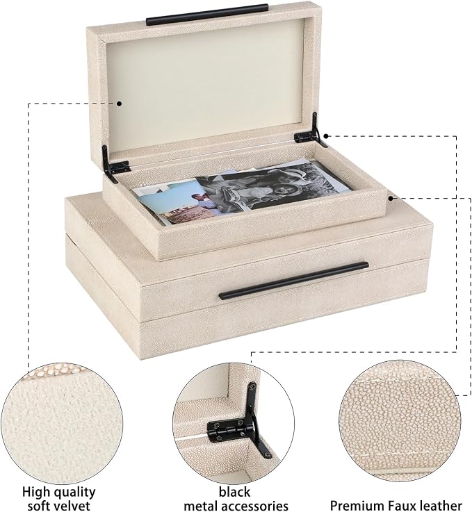 HofferRuffer Faux Leather Decorative Boxes Set of 2, Large Nesting Keepsake Box Accessory Organizer Jewelry Organizer with Hinged Lid, Stacking Storage Box Container (Light Grey+Black Handles)