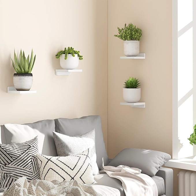 Fixwal Small Shelf for Wall, Rustic Wood Floating Wall Mounted Shelves for Bedroom, Living Room, Kitchen, Bathroom Decor, Set of 4, 5 x 5 Inches (White)
