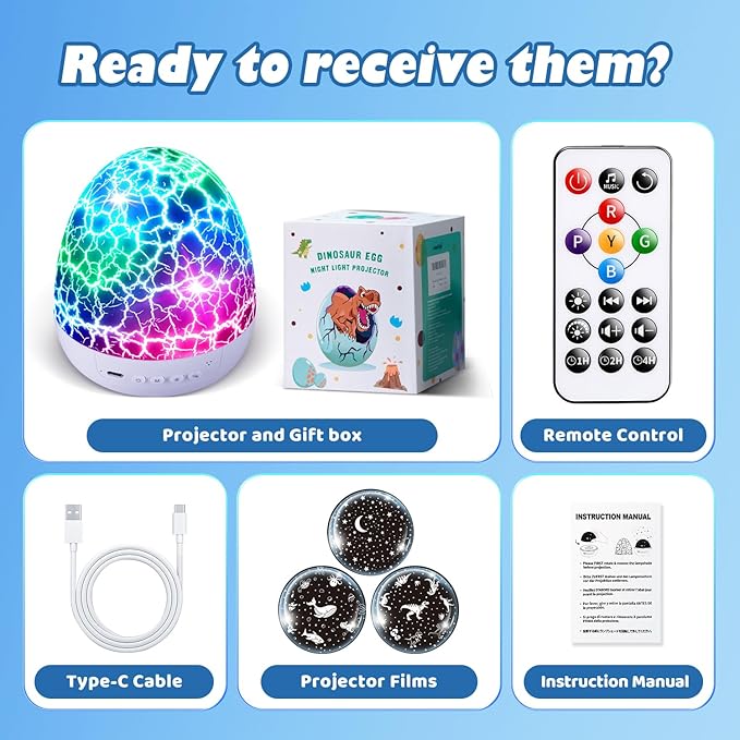 PIKOY Dinosaur Toys for Kids 3-5 Easter Gifts for Kids Toys Night Light Projector Dinosaur Eggs Easter Eggs Night Light for Kids | 15 Sounds & 3D Films | 31Colors & Remote Control | Easter Toys