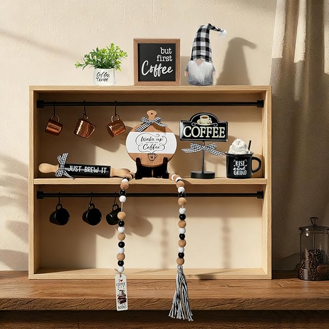 Coffee Tiered Tray Decor Set, 8 Pcs Farmhouse Rustic Tabletop Coffee Decorations for Home Office Table Shelf Mantel Coffee Bar Centerpiece Coffee Time Decor Wooden Sign Decorative Objects Bundle