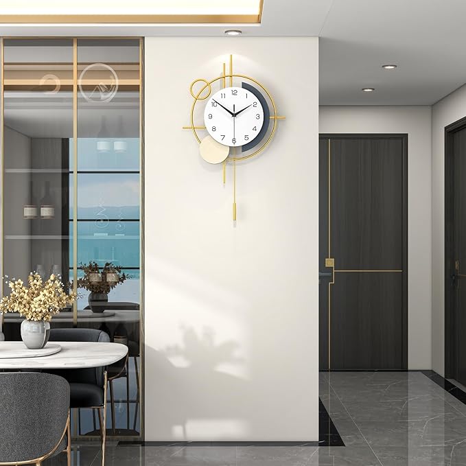 Wall Clock Decorative Large Modern Wall Clock Silent Non-Ticking Battery Operated Gold Unique Pendulum Clock for Living Room,Bedroom,Office,Kitchen,Bathroom,Wall Decor 13.8x21.9in