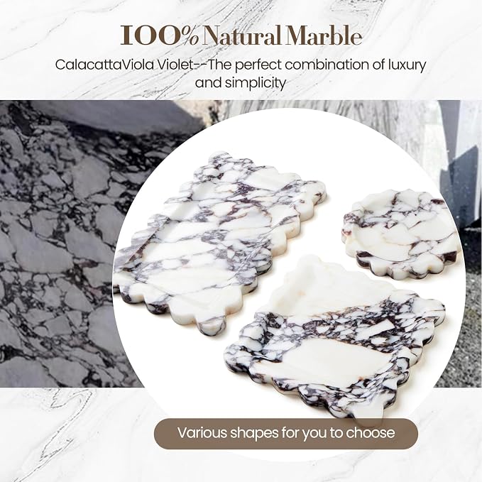 SAMAH Calacatta Viola Natural Marble Tray, Scalloped Bathroom Tray, Luxury Decorative Trays for Bathroom, Vanity, Dresser, Kitchen & Home Decor, Housewarming Gifts New Home (Round)