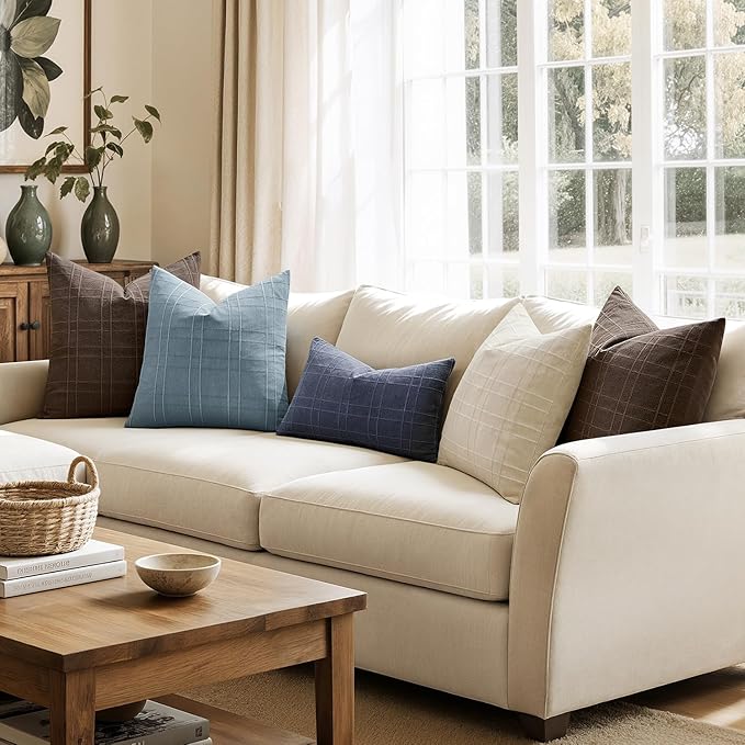 MIULEE Decorative Linen Check Throw Pillow Covers Neutral Farmhouse Vintage Pillow Covers 18x18 Set of 2 Boho Modern Home Decor for Sofa Couch Bedroom Cushion Navy Blue