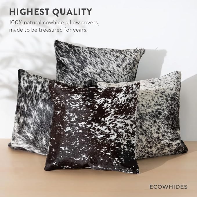 ecowhides 100% Genuine Brazilian Cowhide Pillow Cover – Black Salt and Pepper – Double-Sided – Luxury Leather Decorative Cushion for Rustic & Western Home Décor – 15” x 15”