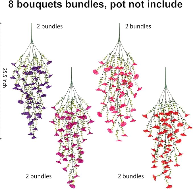 Fake Artificial Hanging Morning Glory Flowers for Outdoor Planters Porch Pation Decoration,8 Bundles UV Resistant Silk Faux Flowers with Realistic Eucalyptus Plants for Home Office Garden Decor