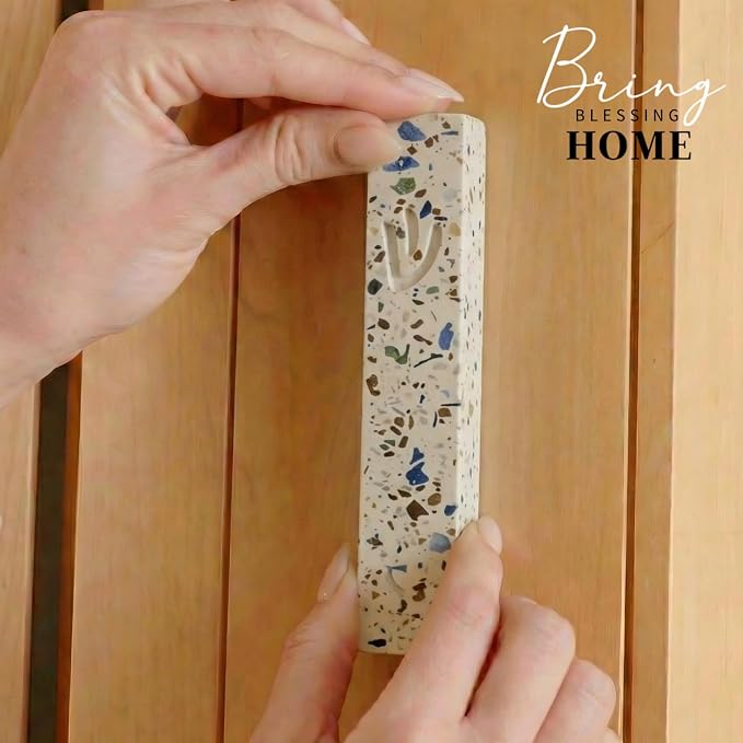 SURI Mezuzah with Non Kosher Scroll for Door – 5 Inch Terrazzo Cream and Turquoise Mezuzah Case, Self-Stick Modern Mezuza Cover, Fits a 4 Inch Scroll, Gift Box Included