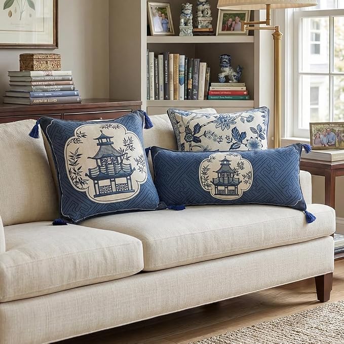 bilin gaier Designer Vintage Linen Throw Pillow Cover,18"x18"-Suqing B | Chinoiserie Elegant Square Blue Pillow Cover,Concealed Zipper Design,Sofa,Bedroom,Living Room,Dining,Lounge Chair