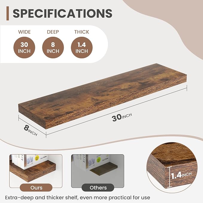 Acovy 30 Inch Floating Shelves, 8 Inch Deep Floating Shelves for Wall, Hanging Shelf with Invisible Brackets, Deep Shelves for Bathroom, Bedroom, Living Room, Brown, Set of 2