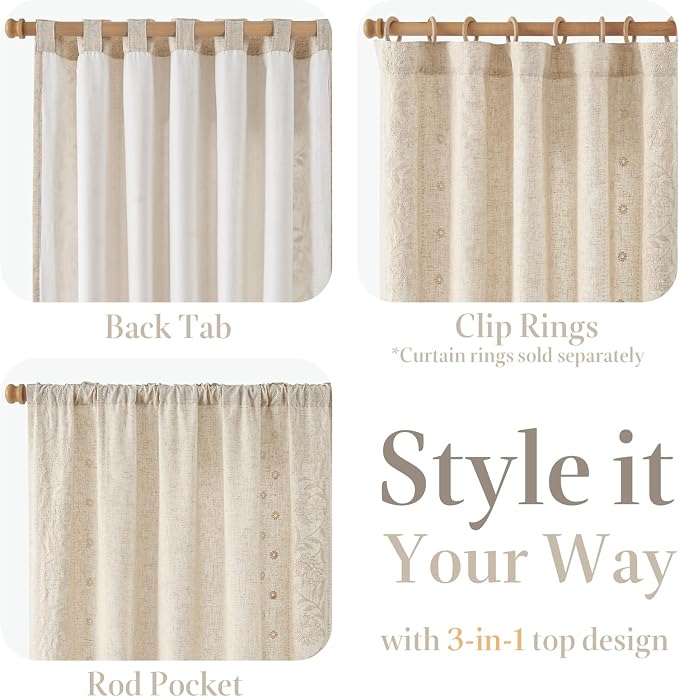 jinchan Winslow Lined Linen Curtains for Bedroom 63 Inches Linen Blended Embroidered Bordered Floral Curtains for Living Room Farmhouse Decor Window Treatments Ivory on Beige Drapes 2 Panels