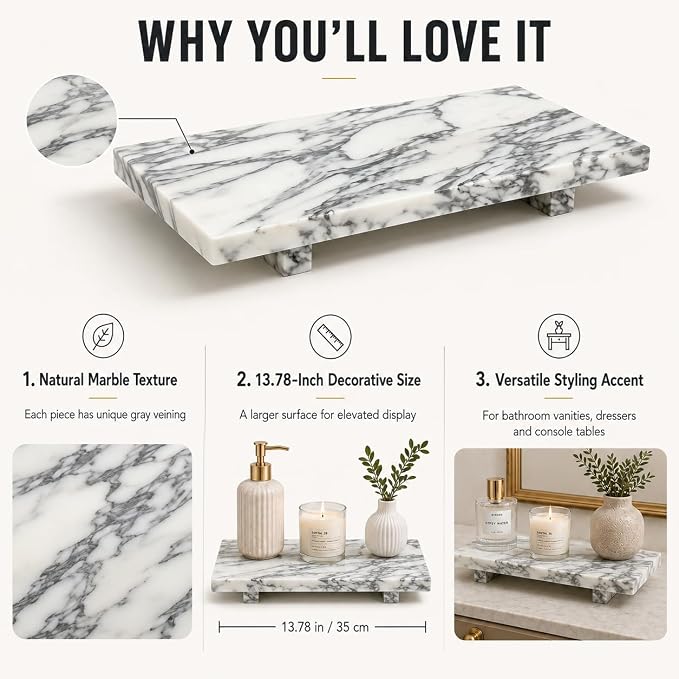 Natural Marble Rectangular Decorative Tray Pedestal Stand, 13.8 x 6.7 in Bathroom Vanity Counter Organizer, Jewelry Keys Candles and Soap Display Stone Tray