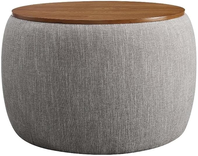 Modway Perla 26 Inch Round Storage Ottoman with Tray Lid in Heathered Weave Wheat -Heathered Fabric Ottoman - Versatile Footrest - Woven Coffee Table - Side Table - for Living Room