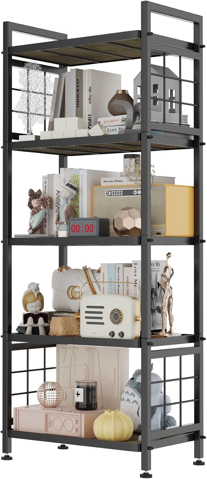 GIOTORENT 5-Tier Pantry Shelves with Wooden Boards, Heavy Duty Storage Shelves & Book Shelf, Adjustable Metal Shelving Unit for Kitchen Bathroom Laundry Organizer, Sturdy Rust-Resistant, Black