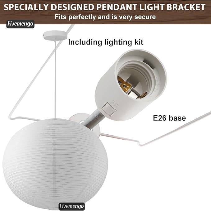 Large Rice Paper Pendant Light Kit, 23.6in White Globe Paper Lantern Lights, E26 Base, Japanese Hanging Lantern Lamp Japandi Chandelier for Dining Room Bedroom Office Living Room