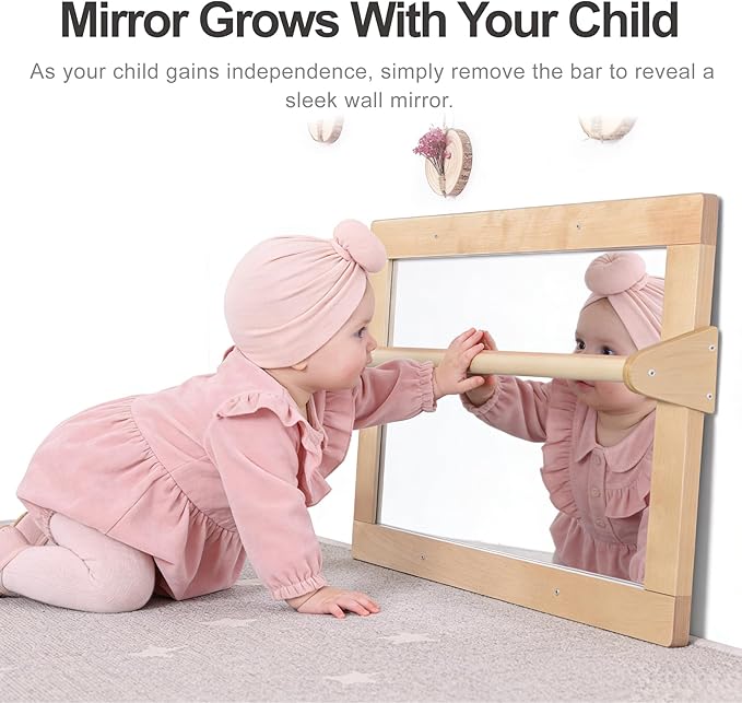 3-in-1 Baby Montessori Wooden Frame Non-Shatter Safety Mirror w/ 2 Pull Up Bars, Infant Coordination Small Mirror for 6-18 Months