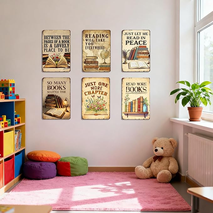 Vintage Classroom Decor 6pcs Reading Book Posters Metal Signs - Library Wall Art Reading Corner Decor for Dorm, Book Shop, Middle & High School Classroom Decorations Sign 8x12 Inch