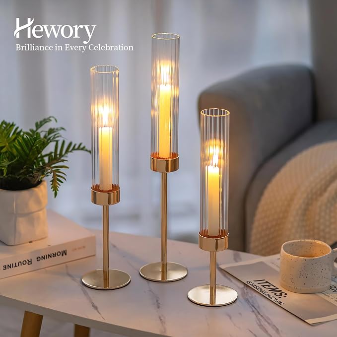 Hewory Gold Hurricane Candle Holders: 12 PCS Tall Taper Candlestick Candle Holders Bulk for Candlesticks Candle Sticks Holder Decor for Table Centerpiece Wedding Party Christmas Decorations