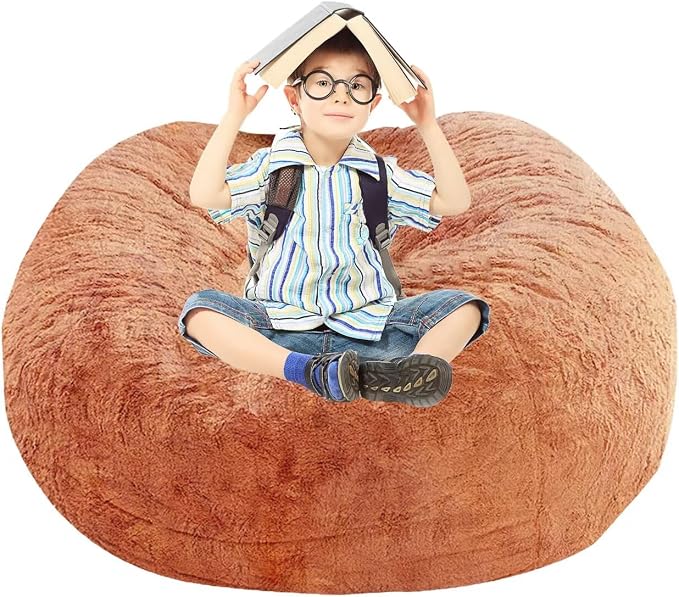 BCU Bean Bag Cover Comfy Beanbag Chair for Adults Without Filler Faux Fur Floor Chair Lazy Sofa Cover Comfy for Living Room Chairs, Milk Orange, 3.5FT