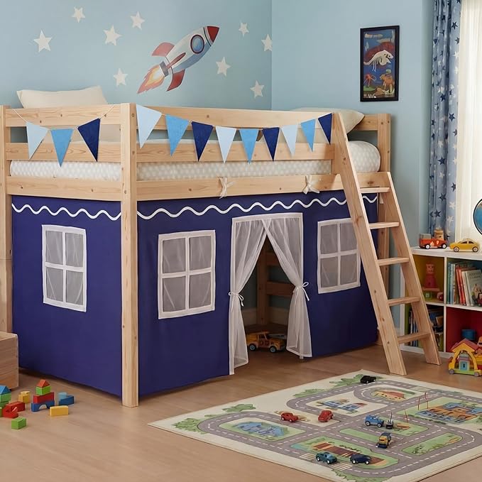 Breling 3 Panel Bunk Bed Curtains for Bottom Loft Bed Tent Set with Felt Flag Double-Layer Twin Bunk Curtains Playhouse Accessories for Boy Girl Bedroom(Blue and White)