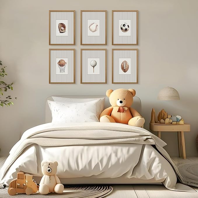 Sports Wall Art Decor Toddler Boys Room Canvas Prints Vintage Sports Nursery Wall Decor Baby Kids Poster Football Baseball Pictures Basketball Theme Artwork for Children Bedroom 8x10 Inch Wood Framed