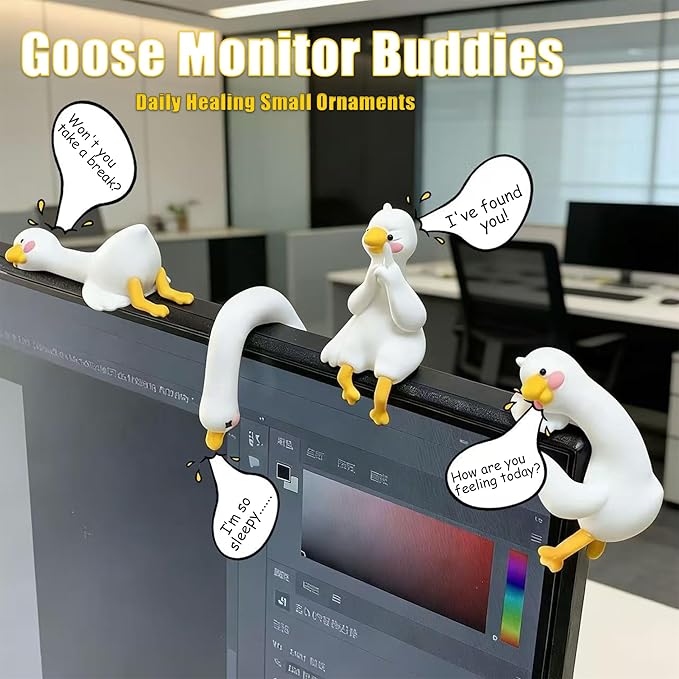 Funny Resin Desk Goose Decor 4 PCS, Mini Cute Goose Figurines for Computer Monitor, Car Dashboard and Rearview Mirror, Office Desk, Photo Frame Decorations Accessories & Housewarming Gifts
