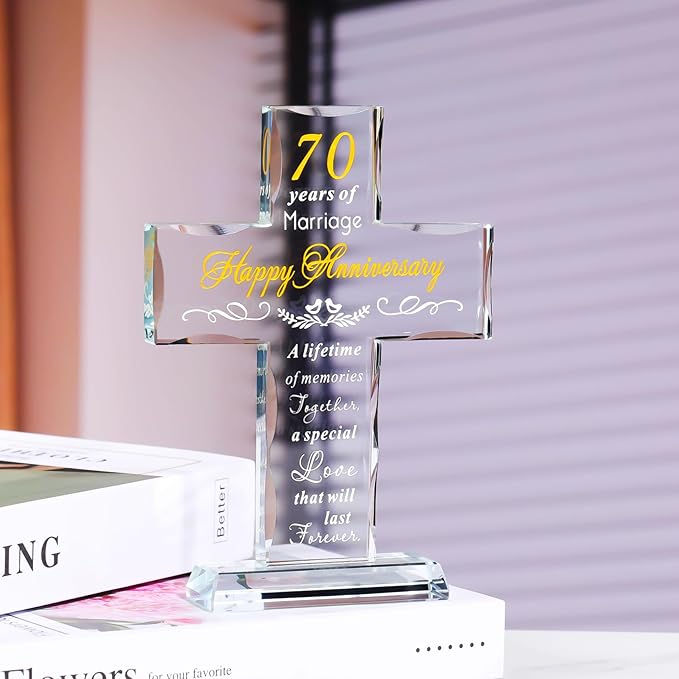 YWHL 70th Wedding Anniversary Cross Gifts for Couple, 70 Years of Marriage Glass Cross Keepsake for Parents Grandparents, 70 Years Anniversary Decoration