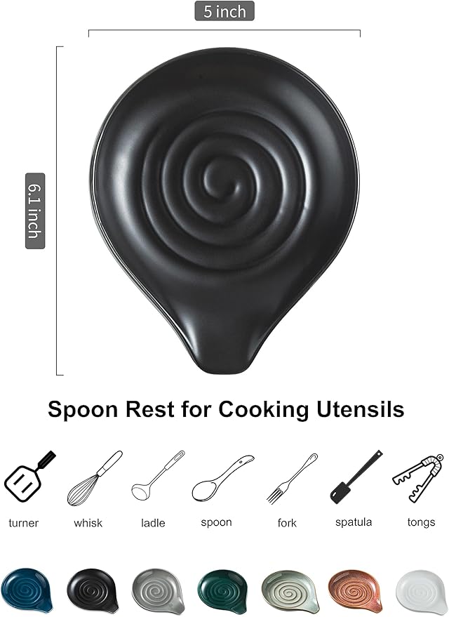 LAUCHUH Spoon Rest for Stove Top, 5 inch Large Cooking Spoon Holder for Kitchen Countertop Ceramic Ladle Holder for Spatula, Tong, Heat-Resistant, Farmhouse Kitchen Decor for Mother‘s Day’, Black