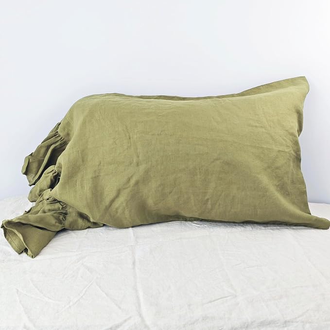 Olive Green Ruffles Linen Pillowcase, 100% French Linen Pillow Cover, King Size 1 Piece Farmhouse Shabby Chic Pillow Case, 20''x36'' Pillowcase with Decorative Ruffle Envelope Closure