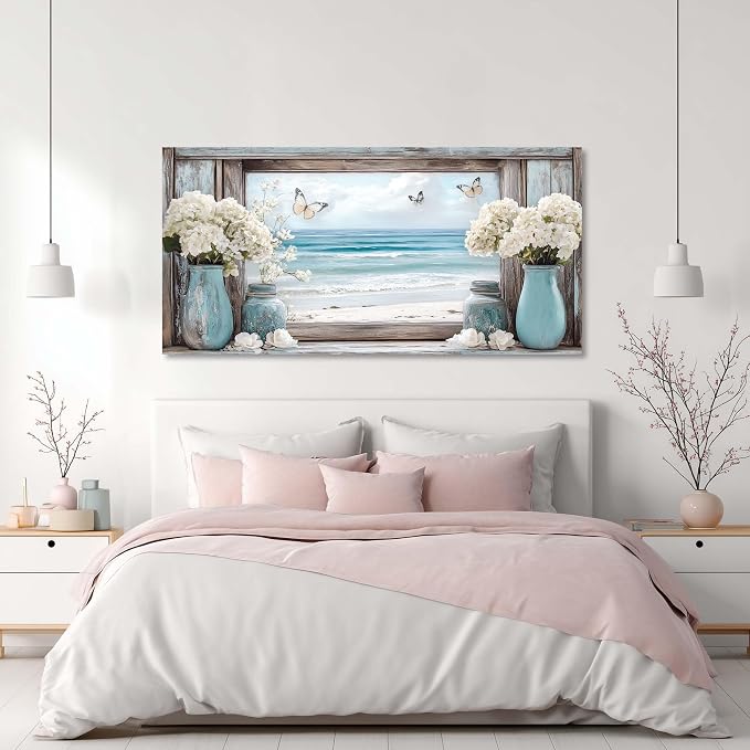 Ggaafet Beach Window Wall Art for Living Room Canvas Painting Prints Romance Flower Floral Art Deco Romantic Artwork Office Bedroom Family Room Decor Extra Large