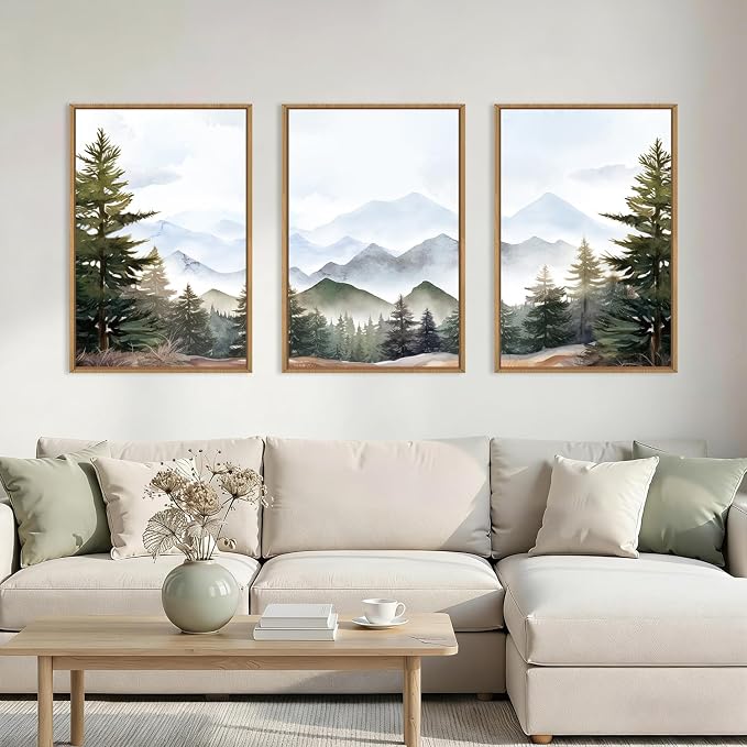 KAIRNE Misty Mountain Landscape Framed Canvas Wall Art Set, Nature Forest Wall Decor, Green Pine Tree Art Prints, Modern Foggy Woodland Artwork for Living Room,Bedroom,Farmhouse,Office-16 x24 x3