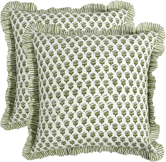 CPC Block Print Ruffle Throw Cover Emerald Green 18"x18" Inch Pack of 2-100% Cotton Ruffle Couch Decorative Boho Pillows Case for Living Room, Bedroom, Sofa, Farmhouse Gift for Spring, Mother's Day