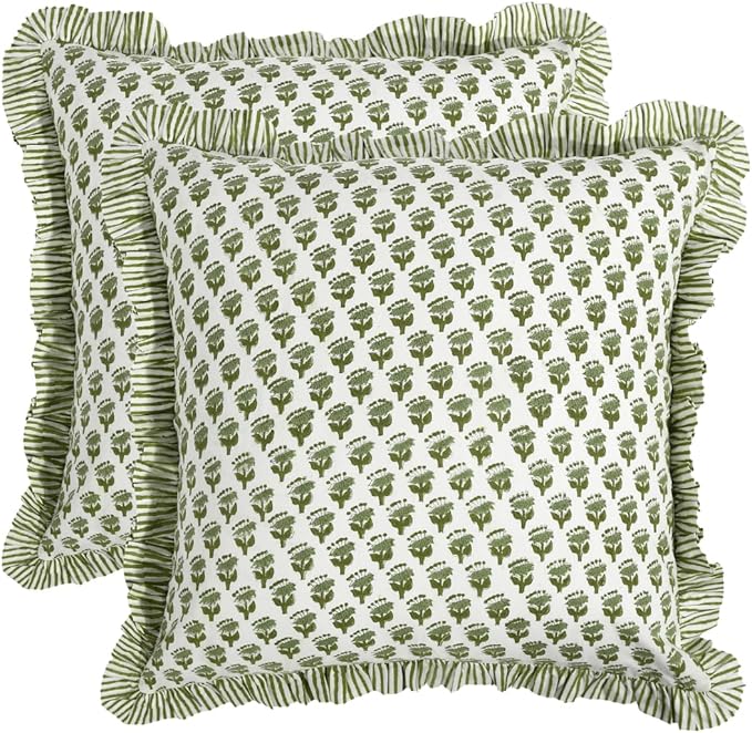 CPC Block Print Ruffle Throw Cover Emerald Green 20"x20" Inch Pack of 2-100% Cotton Ruffle Couch Decorative Boho Pillows Case for Living Room, Bedroom, Sofa, Farmhouse Gift for Spring, Mother's Day