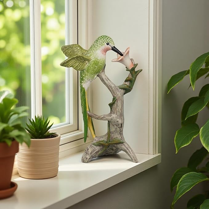 Braxio Bird Figurines Home Decor – Resin Tabletop Green Hummingbird Decor Sculpture for Shelf Bookcase Coffee Table Farmhouse Modern Decorative Accent for Living Room Office Gifts 6 x 4.5 x 9.25 Inch