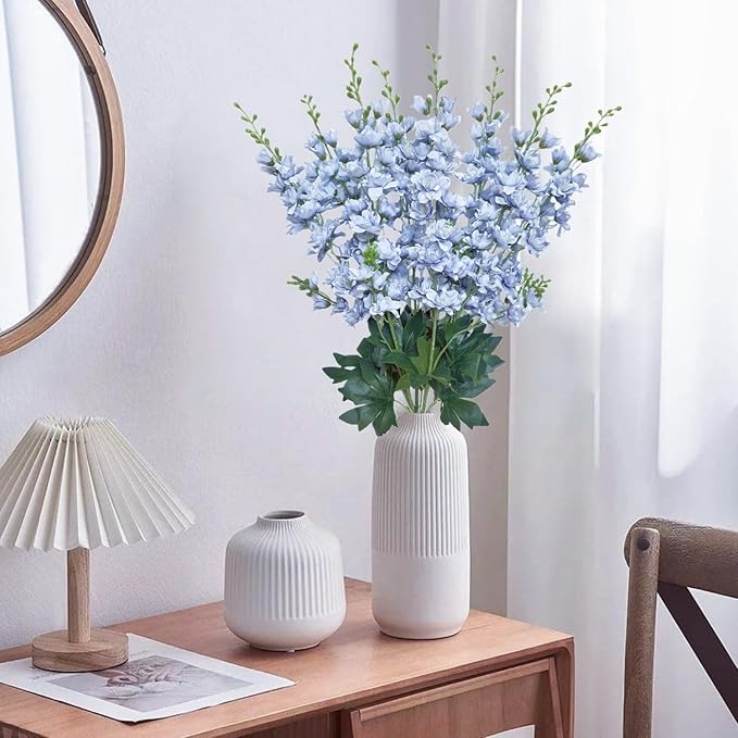 8 pcs Dusty Blue Delphinium Artificial Flowers, 34.25''Artificial Snapdragon Flowers Tall Fake Flowers Silk Flowers Faux Delphinium Bulk for Tall Vase Home Wedding Garden Table Decor (Dusty Blue)