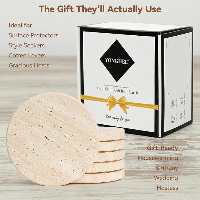 Travertine Marble Coasters Set of 6, 4" Round Rustic Farmhouse Coasters for Coffee Table Decor, Thick Heavy Stone Drink Coaster with Cork Backing, New Home Decor, Gift Boxed for Housewarming