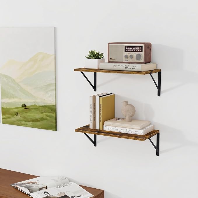 Vivelove Deep Floating Shelves for Wall, 16W x 8D Wood Wall Shelves Set of 3, Wide Floating Bookshelf for Living Room, Kitchen, Office, Bedroom and Decor Storage, with Metal Bracket - Rustic Brown