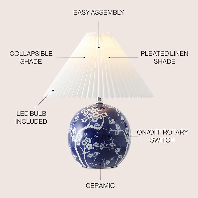 JONATHAN Y 19.5" Navy/White Shishen Chinoiserie Ceramic Table Lamp, Traditional Hand-Painted Floral Cottage Lamp with White Pleated Linen Shade, LED Bulb Included (JYL5056C)