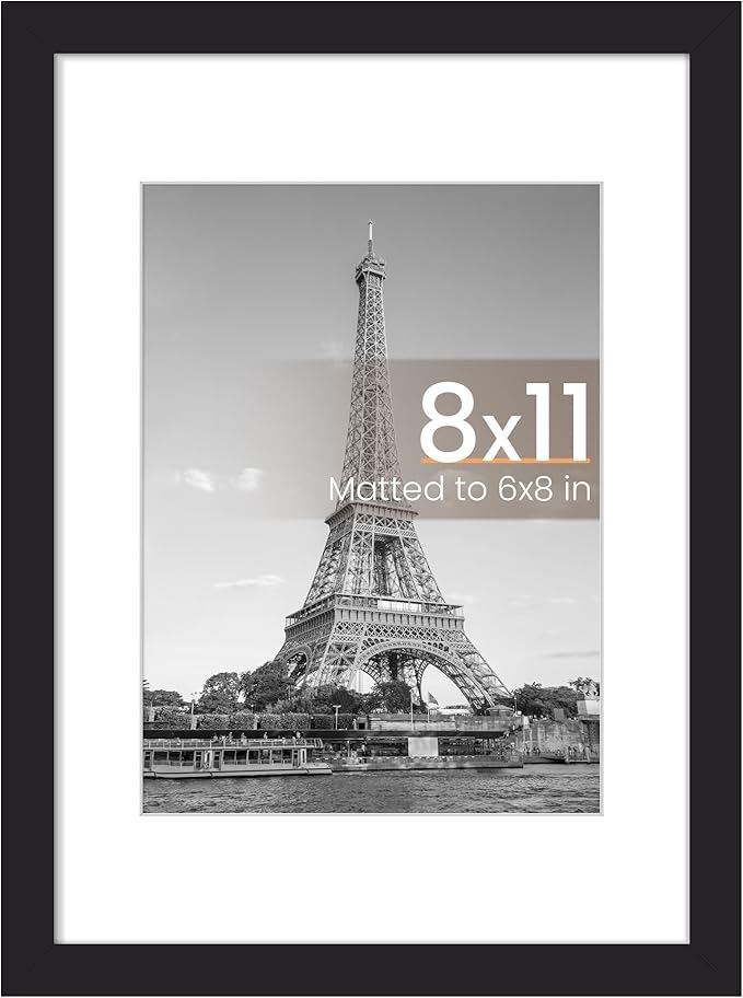 upsimples 8x11 Picture Frame, Display Pictures 6x8 with Mat or 8x11 Without, Wall Hanging Photo Frames, Black, 1 Pack