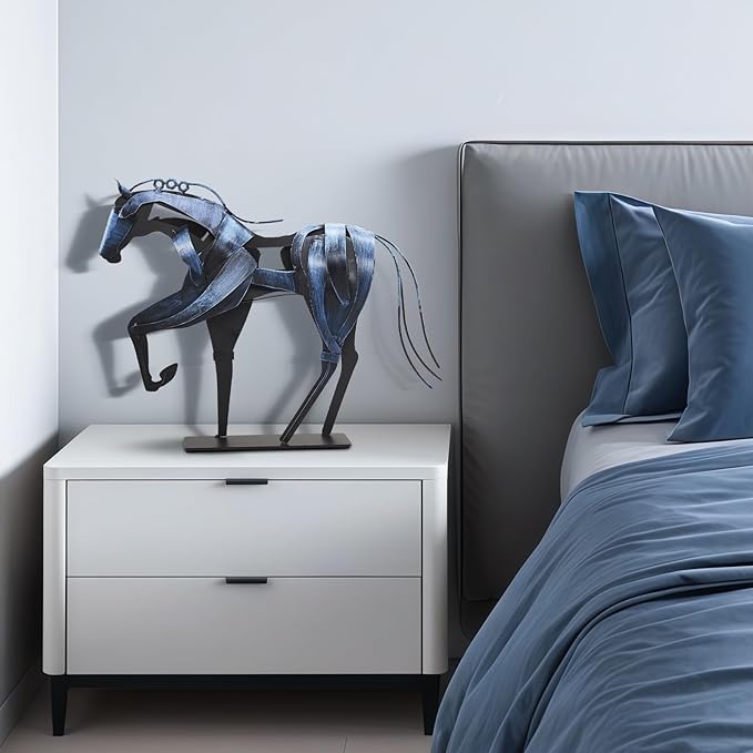 SunBlogs Art Metal Horse Statue Décor, Handmade & Hand-Painted Modern Western Horse Decoration, Rustic Iron Sculpture Gifts for Home Office for Horse Lovers (Vintage Blue)