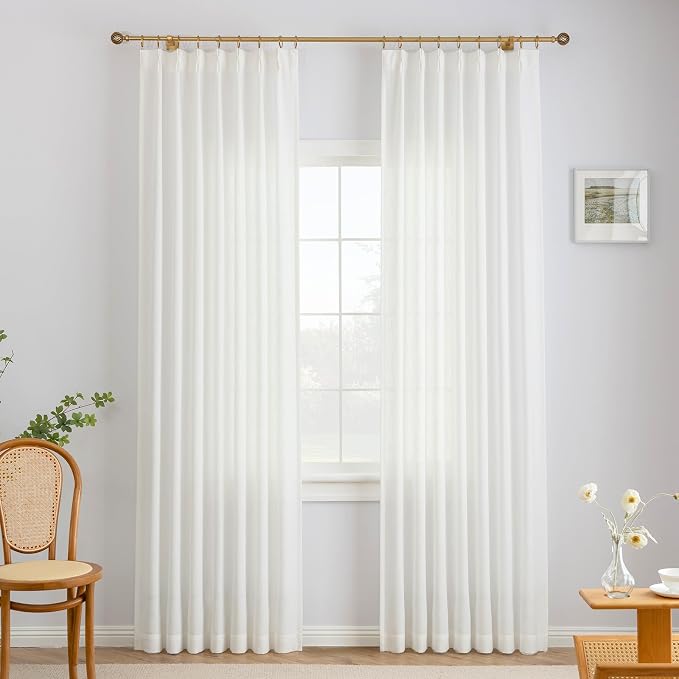 THREE GIRLS Liz Pinch Pleated Linen Curtains 95 Inches Long, Light Filtering Curtains for Living Room, Farmhouse Window Curtains for Bedroom, Modern Drapes with Hooks and Rings, White, 2 Panels Set