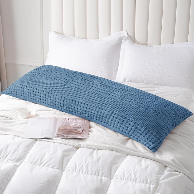 PHF 100% Cotton Waffle Body Pillowcase with Zipper, 1 Pack 20" x 54" Soft Skin-Friendly Pillow Sham, No Filling, Aesthetic Woven and Breathable Waffle Weave Body Pillow Cover for Bed, Denim Blue