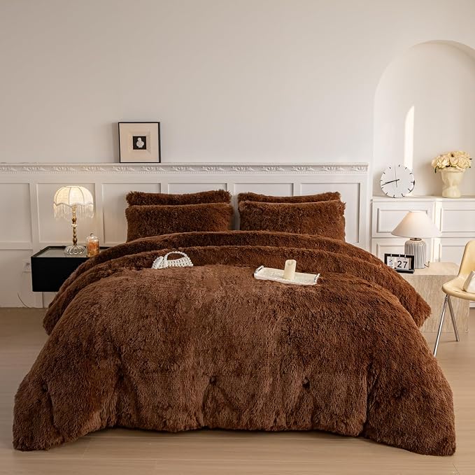 chovy Faux Fur Plush Coffee Comforter Sets Queen - Ultra Soft Shaggy Flannel Velvet Fluffy Fuzzy 3PC Bedding Set (Comforter x 1 Pillowcases x 2)