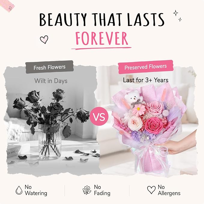 Preserved Flowers Bouquet with Bear, 3 Real Forever Flowers for Delivery, Long-Lasting Sweet Pink Eteranl Roses Bouquet, Anniversary Birthday Gifts for Women Mom Her Girlfriend Wife