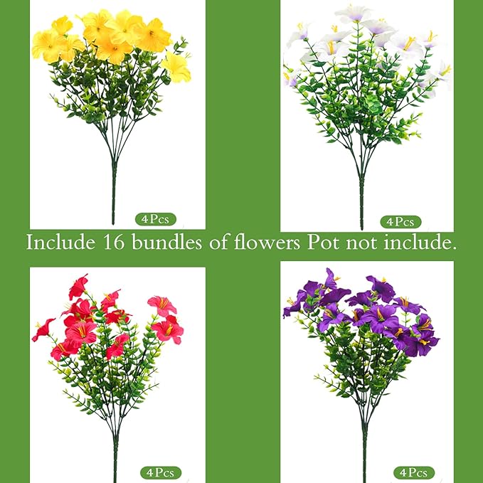 Artificial Flowers for Outdoors Fake Plants Outside, 16 Bundles Silk Morning Glory with Eucalyptus, UV Resistant Realistic Faux Flowers for Planters Porch Patio Garden Balcony Decor (4 Color)