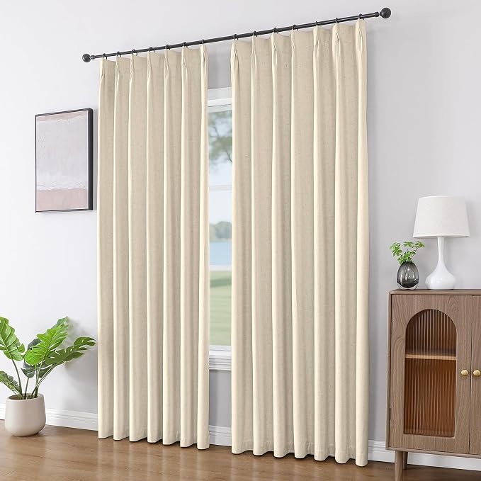 Joydeco Pleated Curtains for Living Room Bedroom, Linen Drapes 90 inch Length 2 Panels Set, Blackout Thermal Insulated Curtain(Bleached Sand,40'' Wx90'' L)